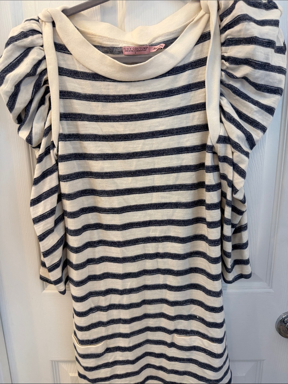 Juicy Couture Cream & Navy Striped Puff-Sleeve Dress S